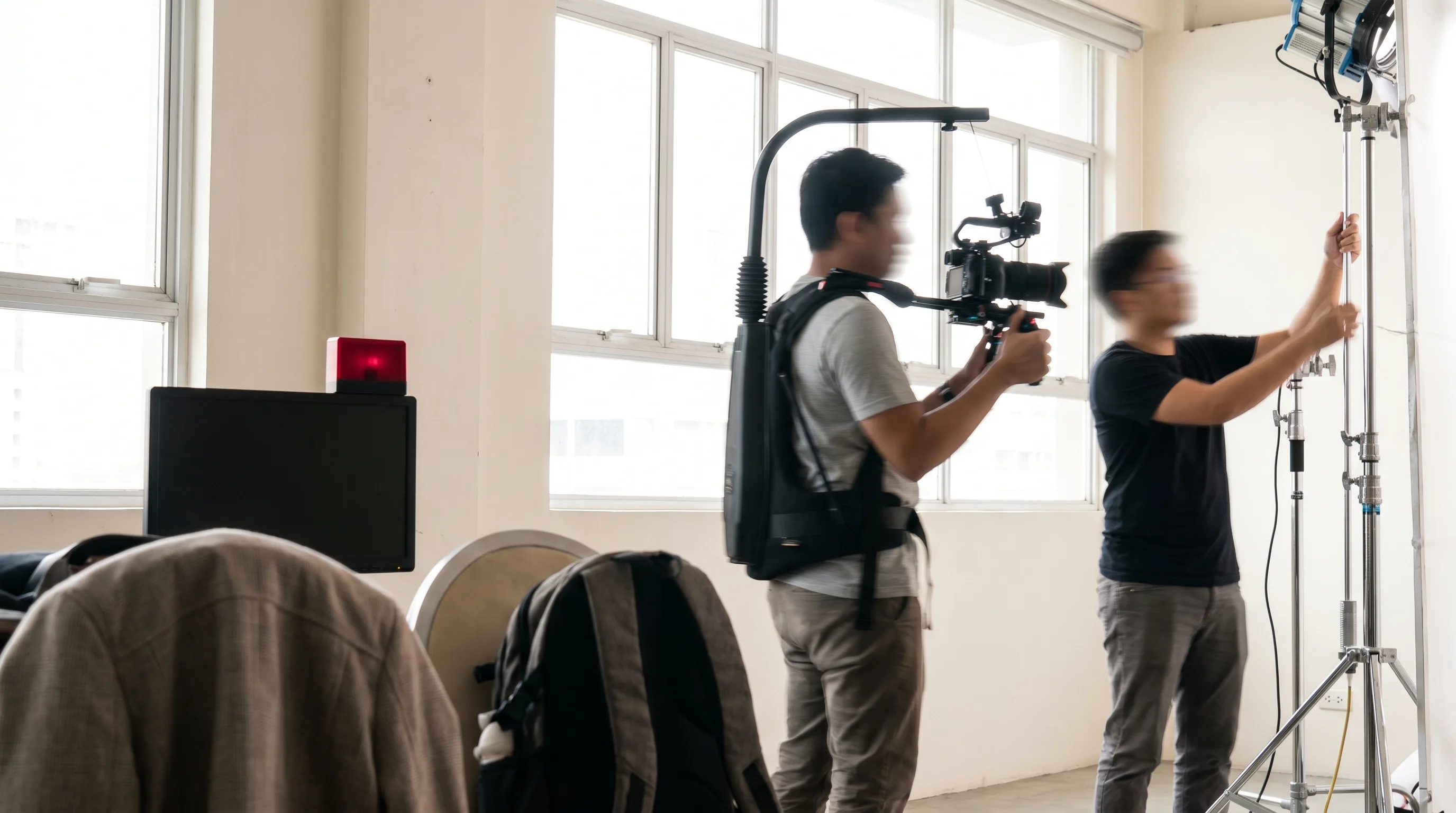 The lean Three Spheres crew on a bright set