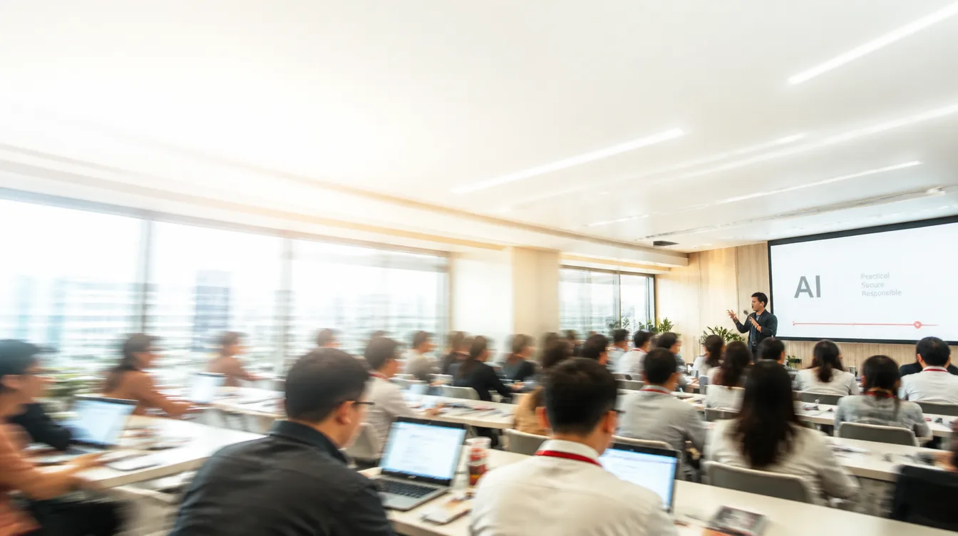 Filipino professionals at an AI seminar in Makati, laptops open, a speaker at the front